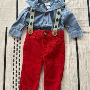 Cat & Jack Holiday Baby Blue Shirt with Red Pants and Suspenders